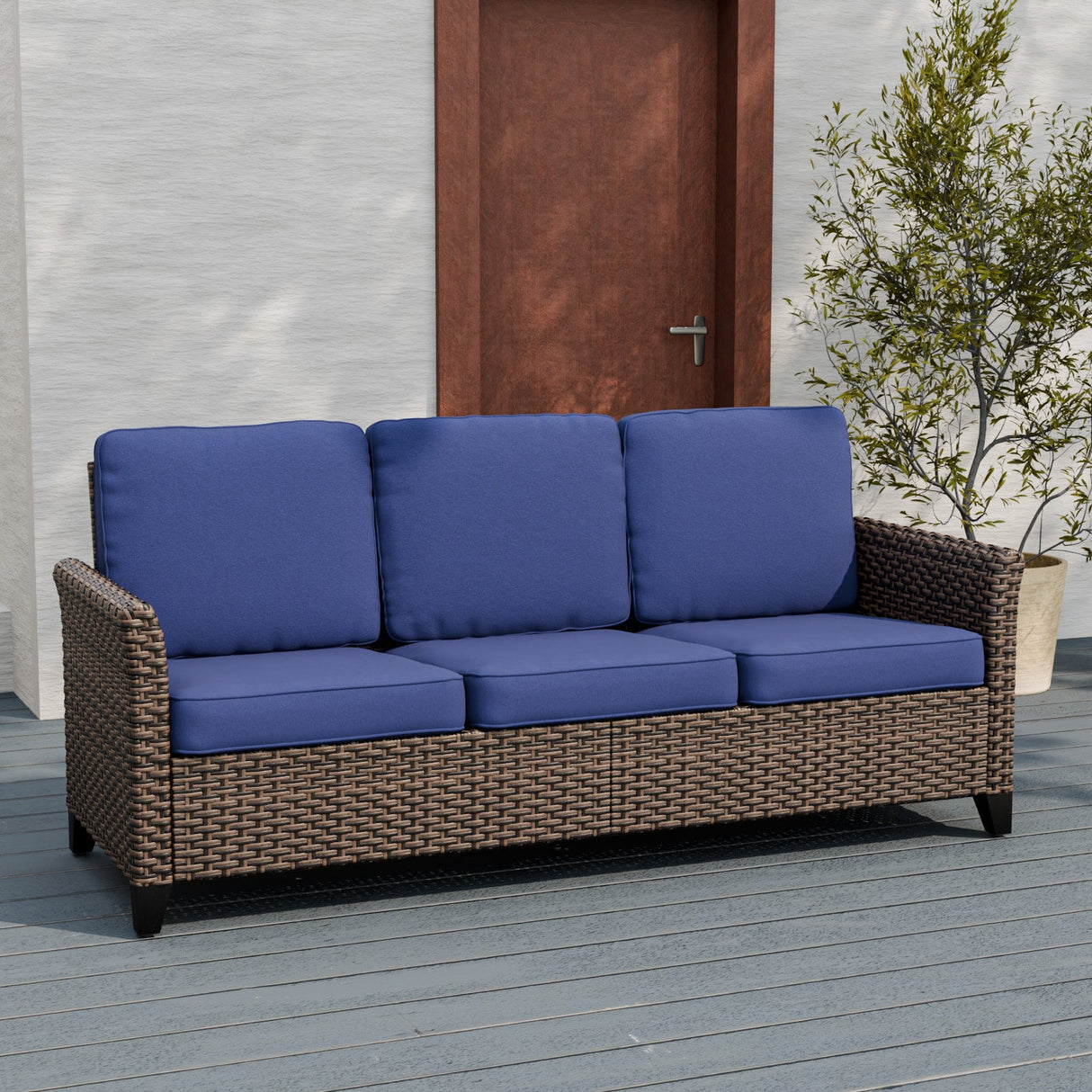 Ocean Vista Outdoor Wicker Patio Sofa Deep Cushions Rattan Furniture,Beige/Blue - Eagle Peak Custom Canopy Tent