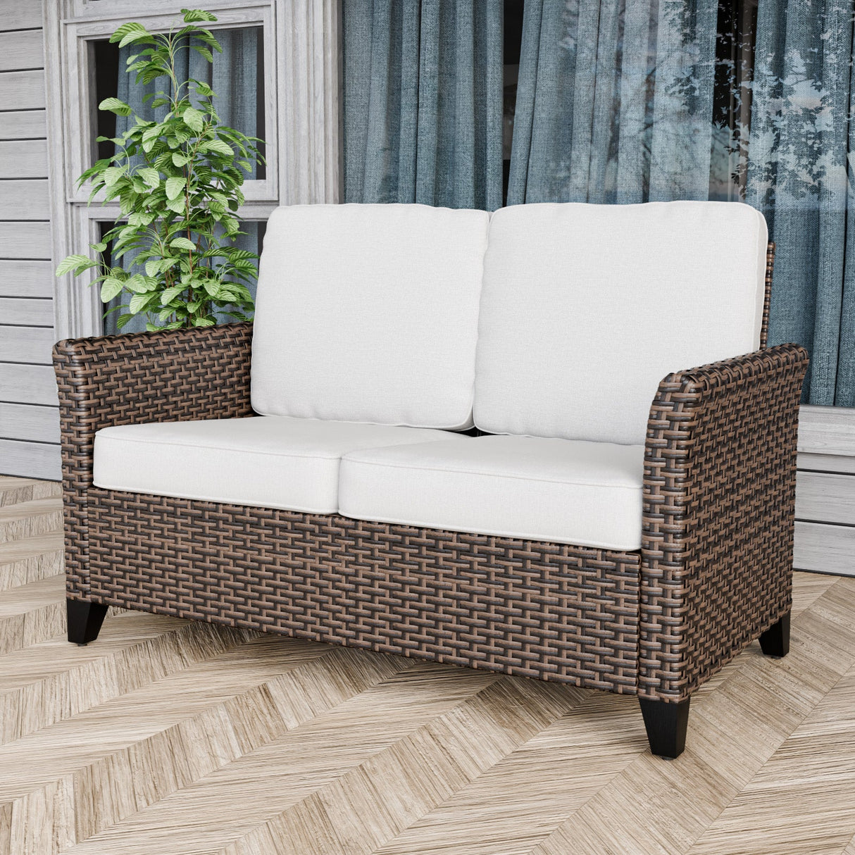 Ocean Vista Outdoor Wicker Patio Sofa Deep Cushions Rattan Loveseat, Beige/Blue - Eagle Peak Custom Canopy Tent