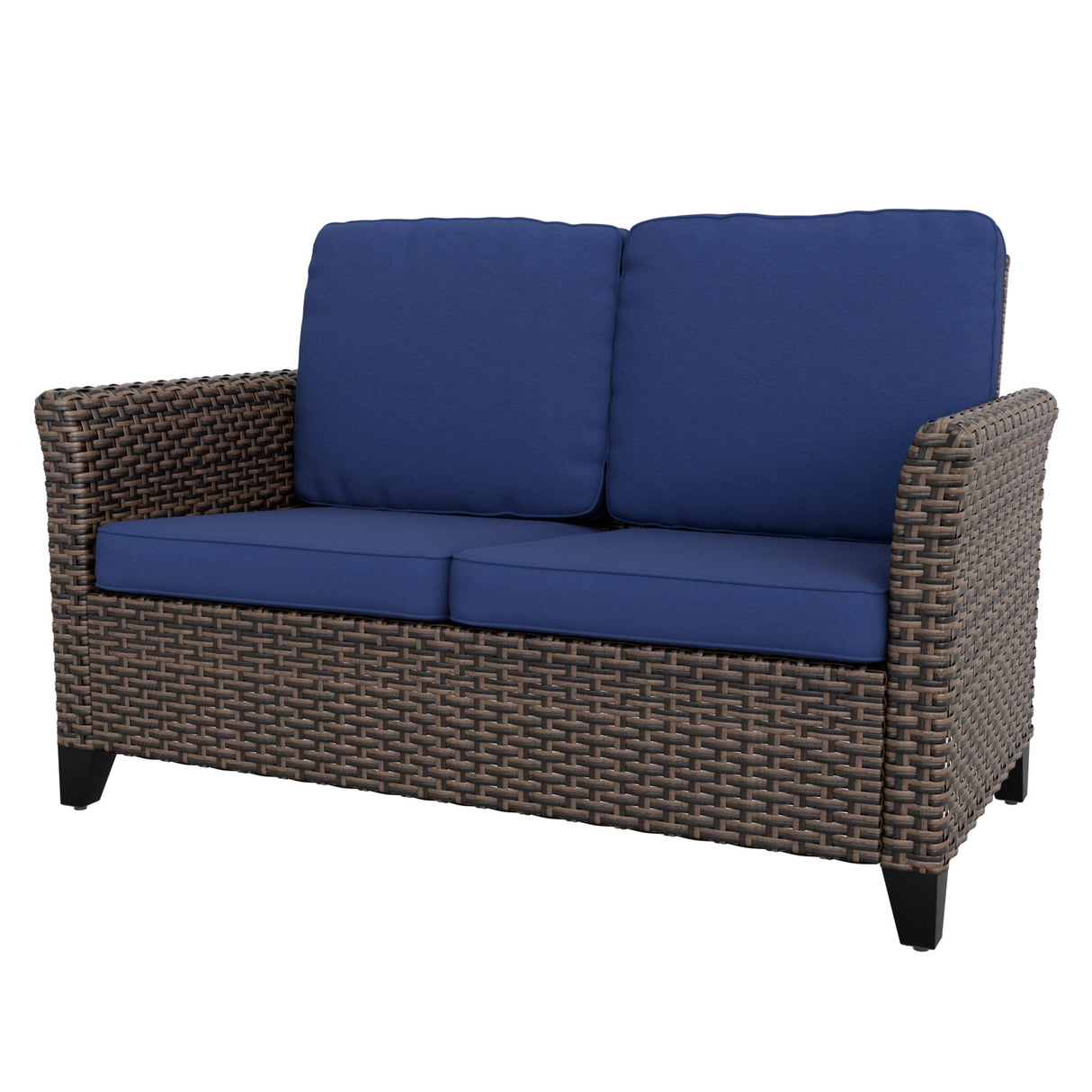 Ocean Vista Outdoor Wicker Patio Sofa Deep Cushions Rattan Loveseat, Beige/Blue - Eagle Peak Custom Canopy & Greenhouse