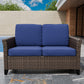 Ocean Vista Outdoor Wicker Patio Sofa Deep Cushions Rattan Loveseat, Beige/Blue - Eagle Peak Custom Canopy Tent