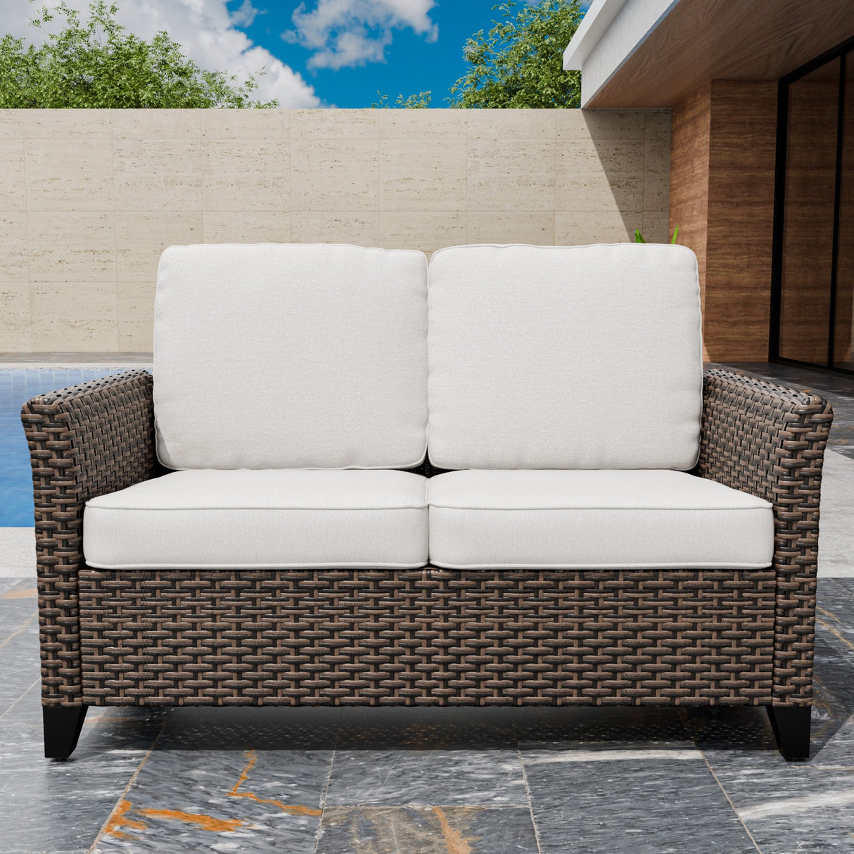 Ocean Vista Outdoor Wicker Patio Sofa Deep Cushions Rattan Loveseat, Beige/Blue - Eagle Peak Custom Canopy Tent