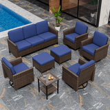 Ocean Vista Wicker Outdoor Patio Furniture Set, 4 Swivel Chairs Couch Ottomans Table, 8 Piece, Beige/Blue - Eagle Peak Custom Canopy Tent