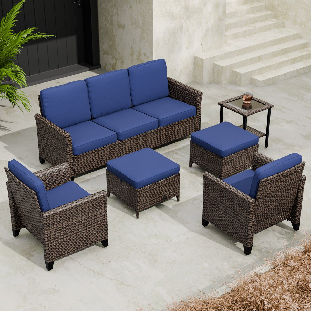 Ocean Vista Wicker Outdoor Patio Furniture Set, Couch Chairs Ottomans Table, 6 Piece - Eagle Peak