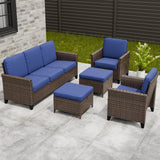 Ocean Vista Wicker Outdoor Patio Furniture Set, Couch Patio Chairs Ottomans, 5 Piece, Beige/Blue - Eagle Peak Custom Canopy Tent