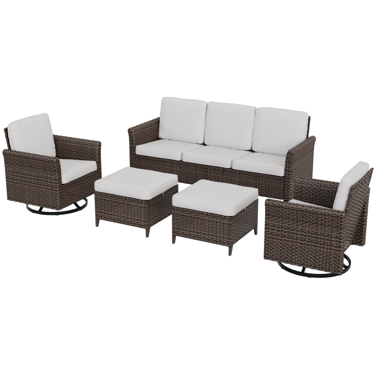 Ocean Vista Wicker Outdoor Patio Furniture Set, Couch Swivel Rocking Chairs Ottomans, 5 Piece, Beige/Blue - Eagle Peak Custom Canopy Tent