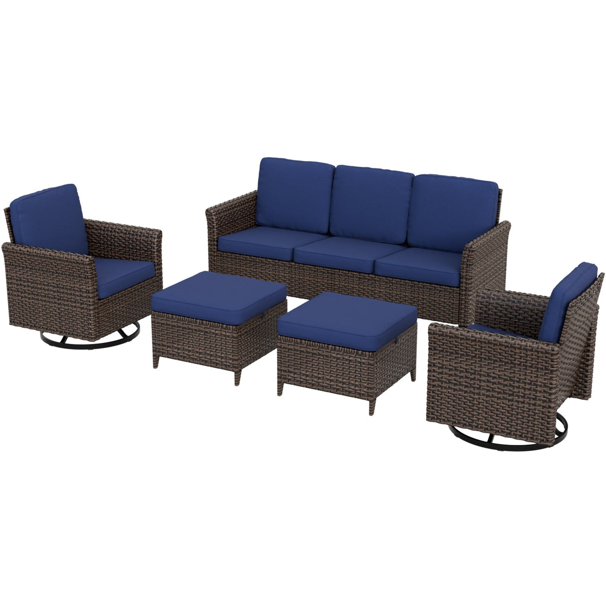 Ocean Vista Wicker Outdoor Patio Furniture Set, Couch Swivel Rocking Chairs Ottomans, 5 Piece, Beige/Blue - Eagle Peak Custom Canopy Tent