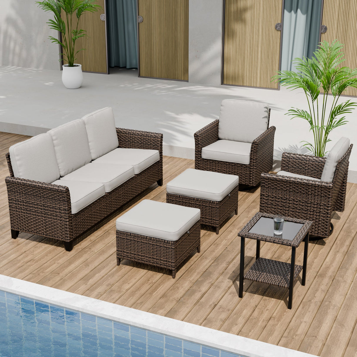 Ocean Vista Wicker Outdoor Patio Furniture Set, Couch Swivel Rocking Chairs Ottomans Table, 6 Piece - Eagle Peak