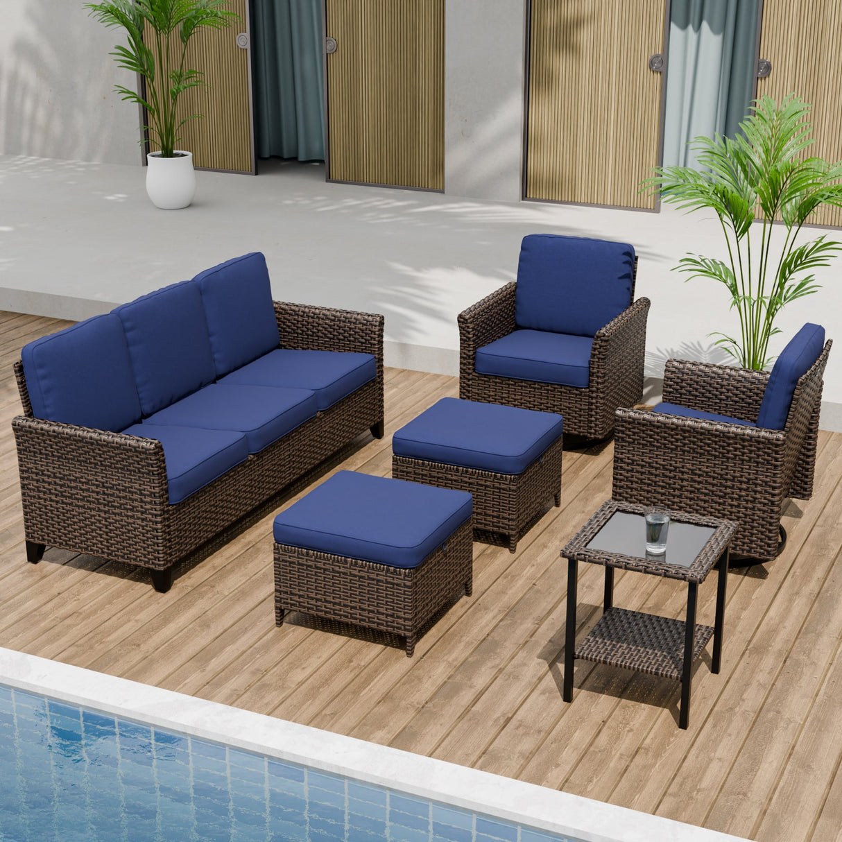 Ocean Vista Wicker Outdoor Patio Furniture Set, Couch Swivel Rocking Chairs Ottomans Table, 6 Piece - Eagle Peak