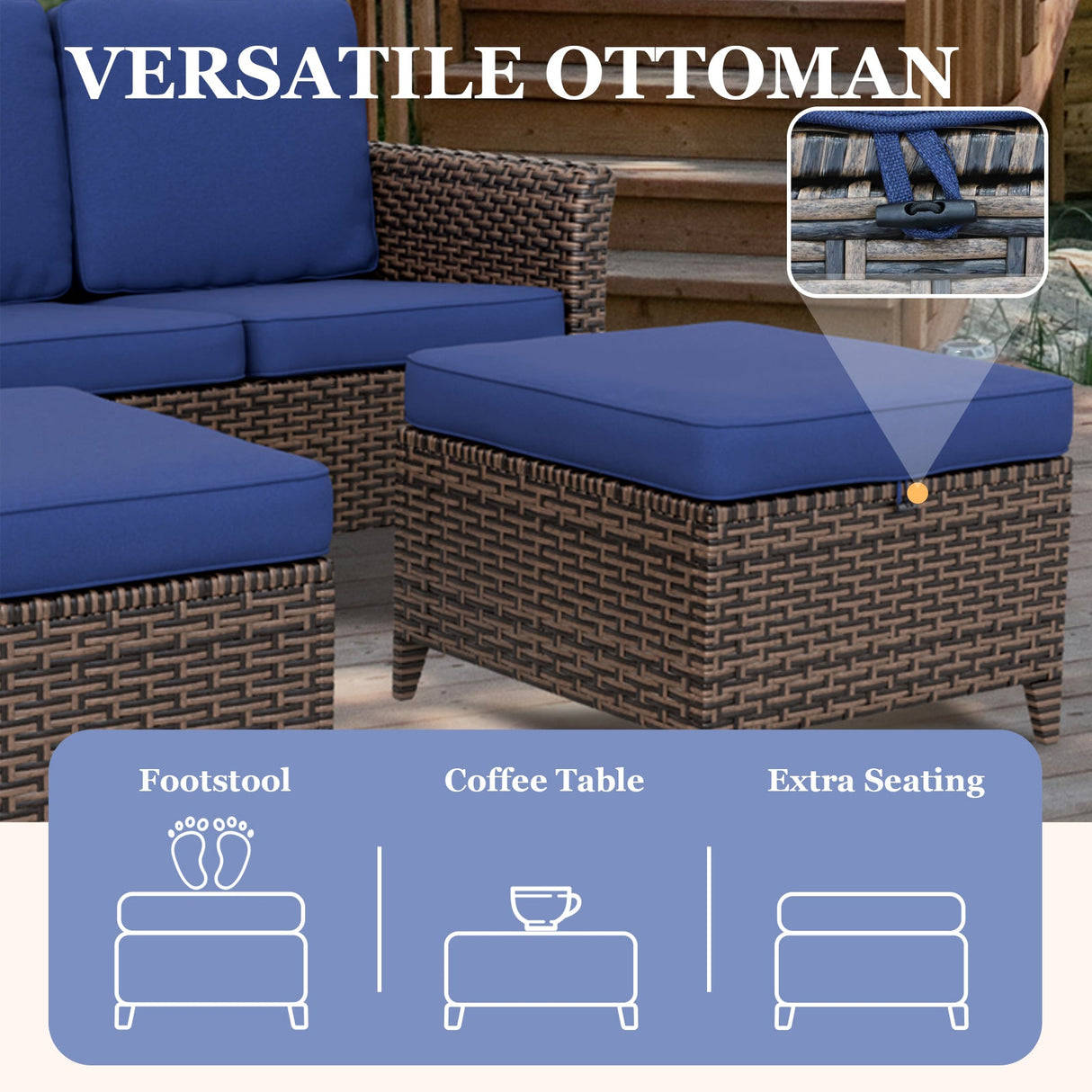 Ocean Vista Wicker Outdoor Patio Furniture Set, Loveseat Chairs Ottomans Table, 6 Piece, Beige/Blue - Eagle Peak Custom Canopy Tent