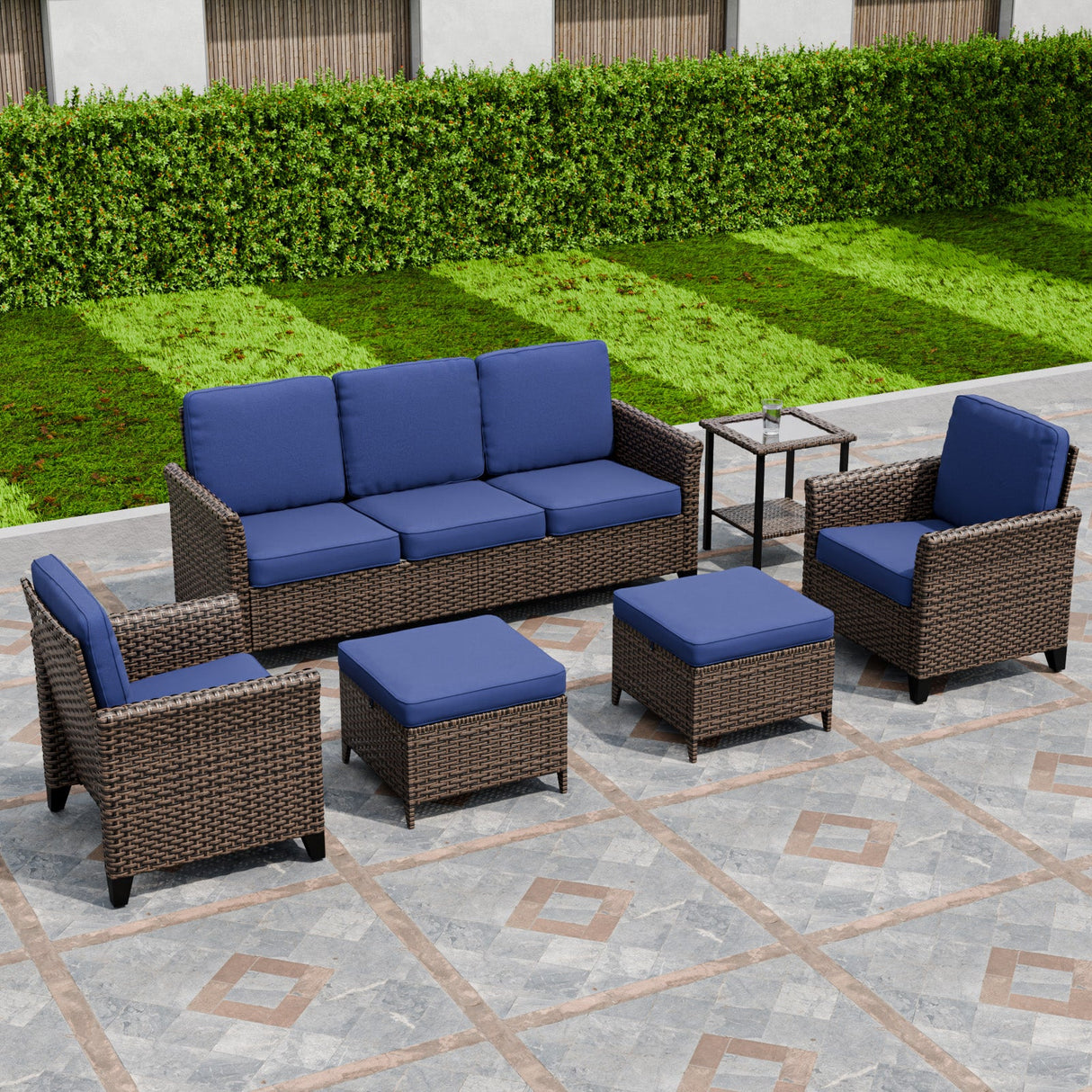 Ocean Vista Wicker Outdoor Patio Furniture Set, Loveseat Chairs Ottomans Table, 6 Piece, Beige/Blue - Eagle Peak Custom Canopy Tent