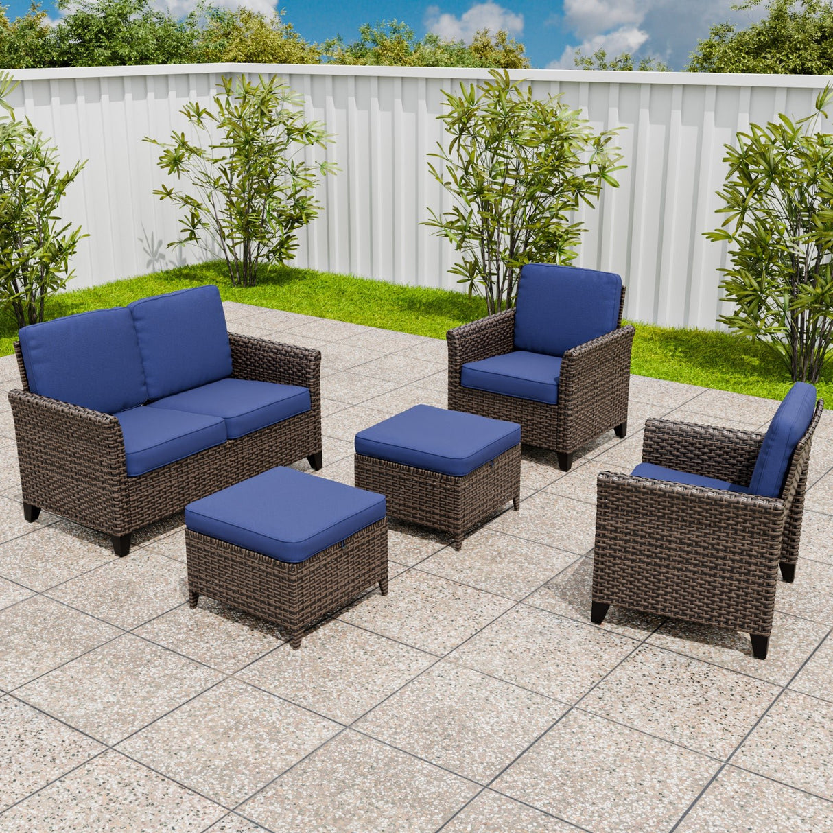 Ocean Vista Wicker Outdoor Patio Furniture Set, Loveseat Patio Chairs Ottomans, 5 Piece, Beige/Blue - Eagle Peak Custom Canopy Tent