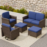 Ocean Vista Wicker Outdoor Patio Furniture Set, Loveseat Swivel Rocking Chairs Ottomans, 5 Piece, Beige/Blue - Eagle Peak Custom Canopy Tent