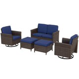 Ocean Vista Wicker Outdoor Patio Furniture Set, Loveseat Swivel Rocking Chairs Ottomans, 5 Piece, Beige/Blue - Eagle Peak Custom Canopy Tent