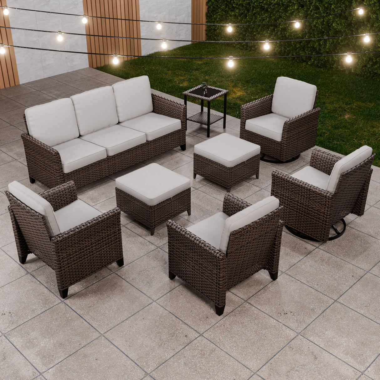 Ocean Vista Wicker Outdoor Patio Furniture Set, Patio and Swivel Chairs Couch Ottomans Table, 8 Piece, Beige/Blue - Eagle Peak