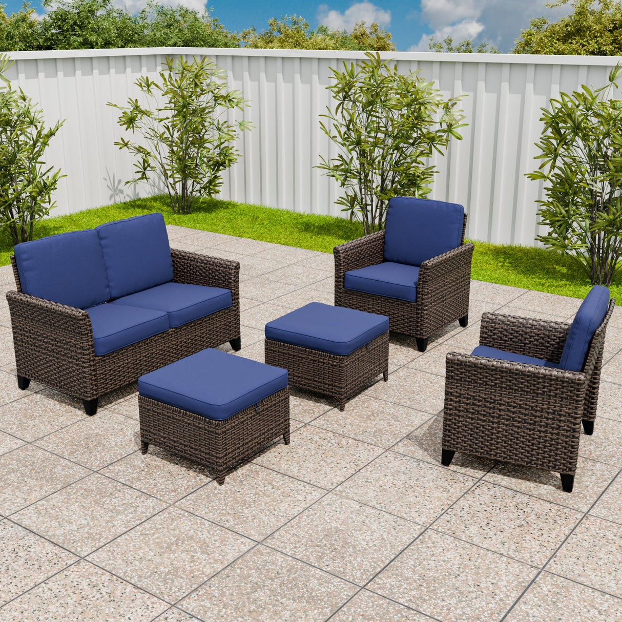Ocean Vista Wicker Outdoor Patio Furniture Set w/ 2 - Seat Loveseat, Patio Chairs, 5 Piece - Eagle Peak