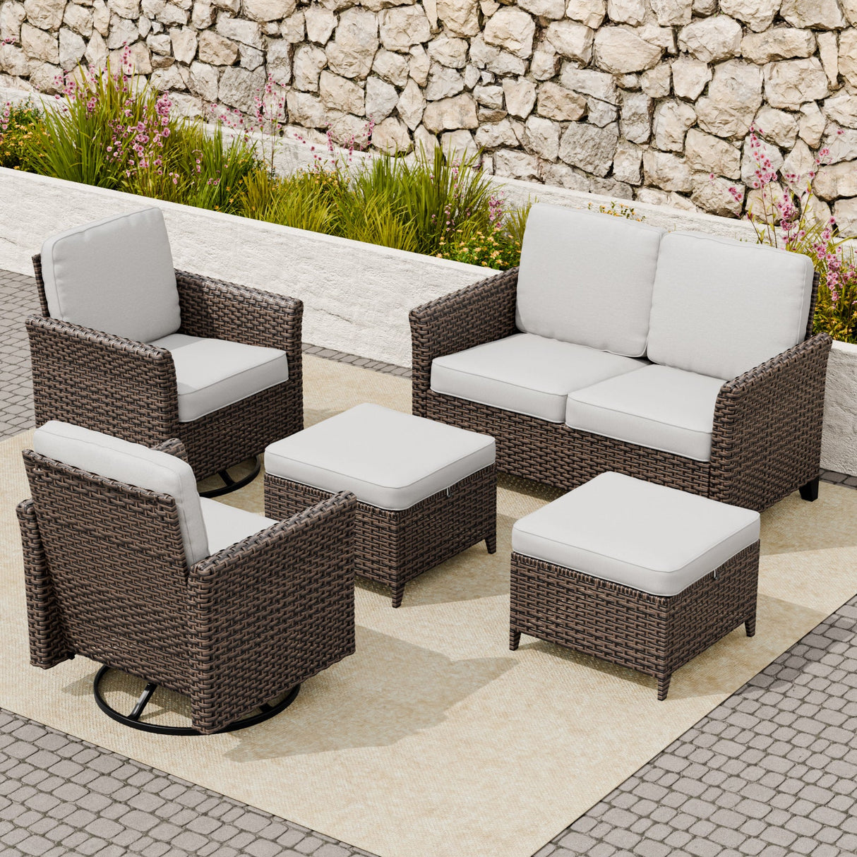 Ocean Vista Wicker Outdoor Patio Furniture Set w/ Loveseat,Patio Chairs , 5 Piece - Eagle Peak
