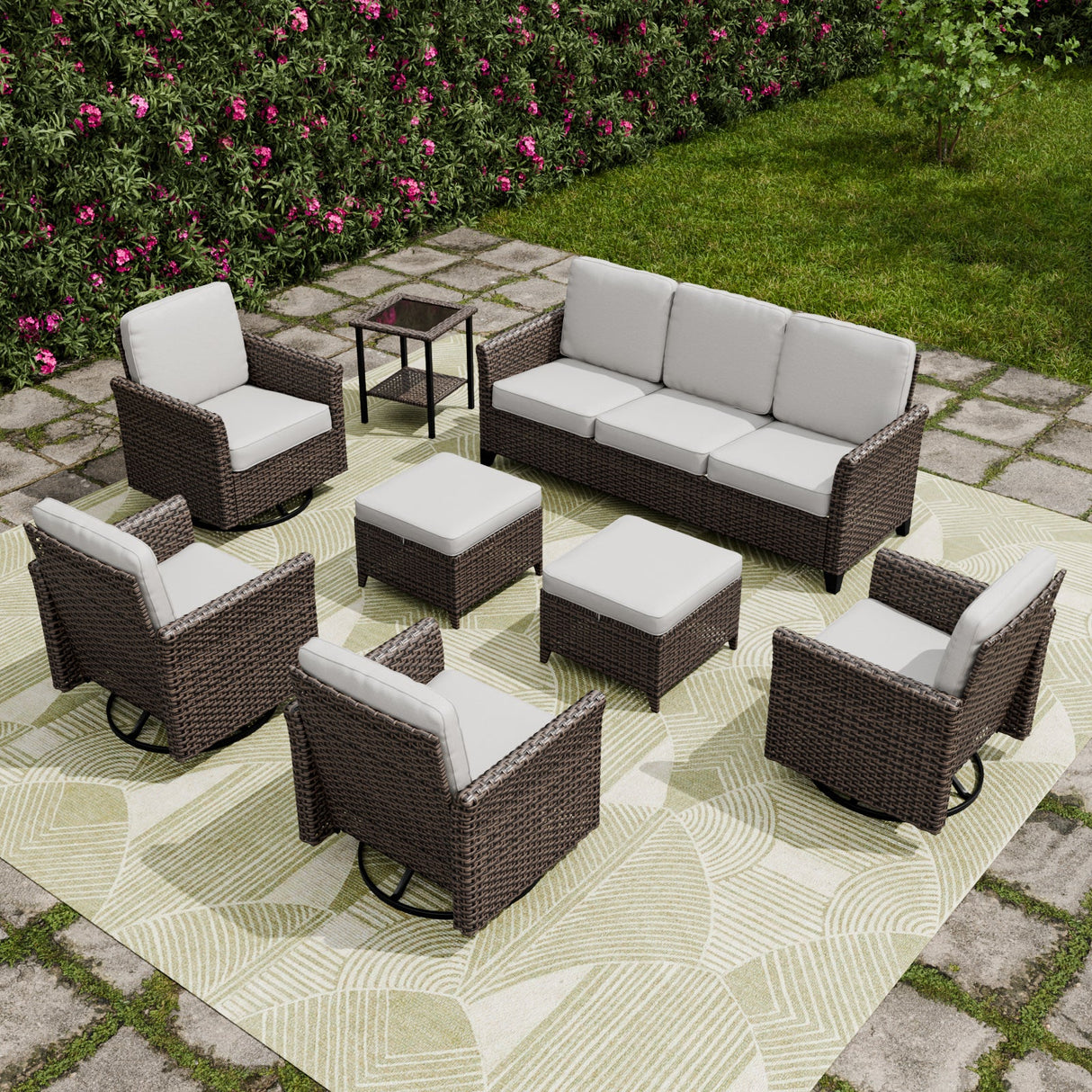 Ocean Vista Wicker Outdoor Patio Furniture Set with 4 Swivel Chairs Couch Ottomans Table, 8 Piece - Eagle Peak