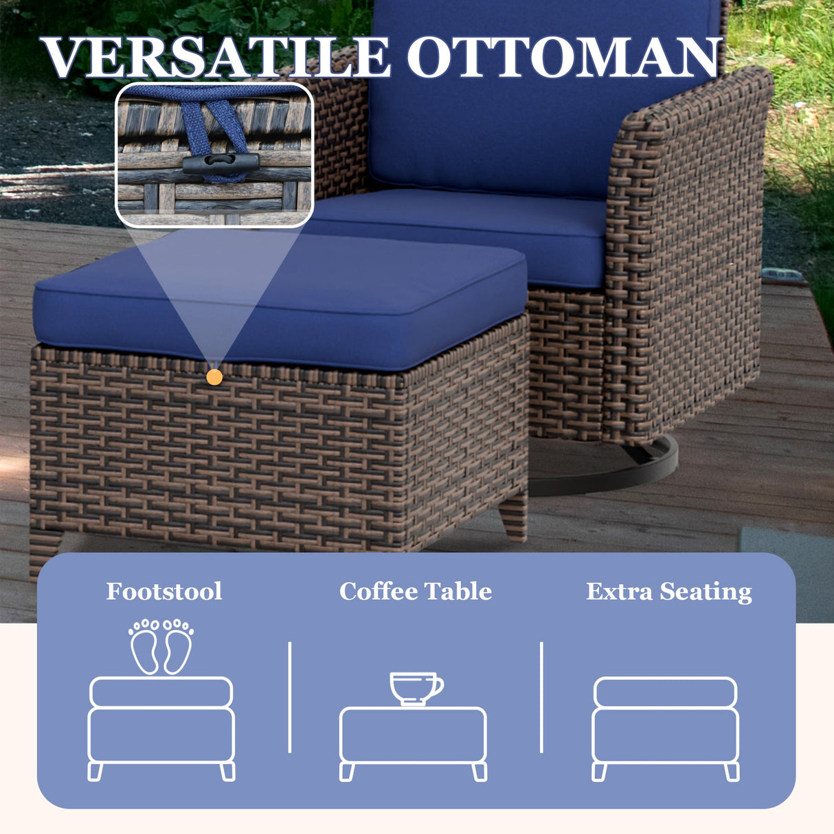 Ocean Vista Wicker Outdoor Patio Seating Set, Swivel Rocking Chairs and Ottomans, 4 Pieces, Beige/Blue - Eagle Peak Custom Canopy Tent