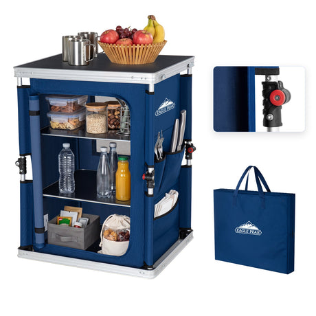 Outdoor Camping Pop Up Folding Table with Large 3-Tier Storage Organizer and Side Pockets - Eagle Peak®