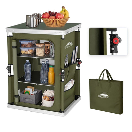 Outdoor Camping Pop Up Folding Table with Large 3-Tier Storage Organizer and Side Pockets - Eagle Peak®