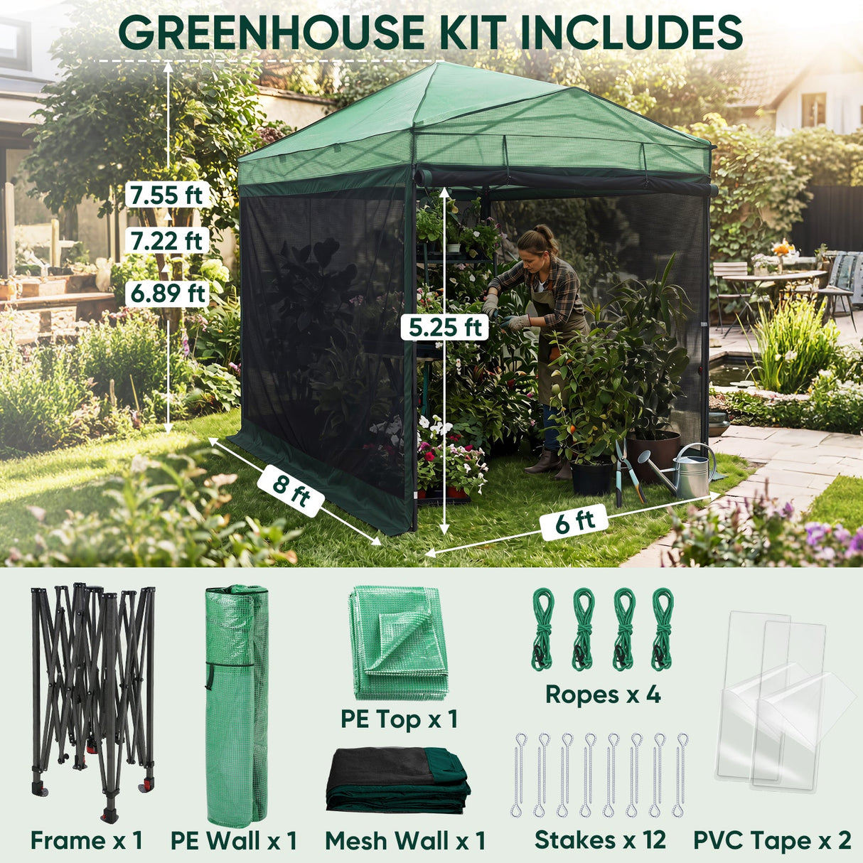 Pop up Greenhouse with Interchangeable PE & Mesh Wall Panels, 8x6/8x12 ft - Eagle Peak®