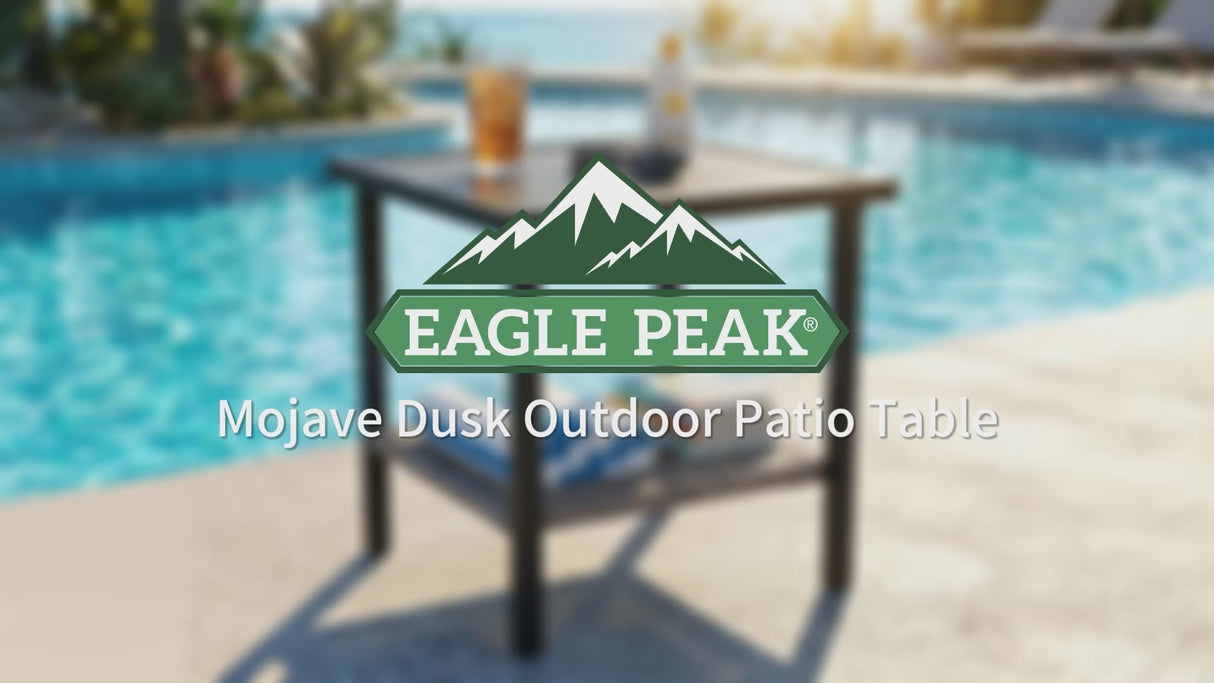 Mojave Dusk Patio Side Table/Coffee Table with Wood Grain Top and Wicker Shelf