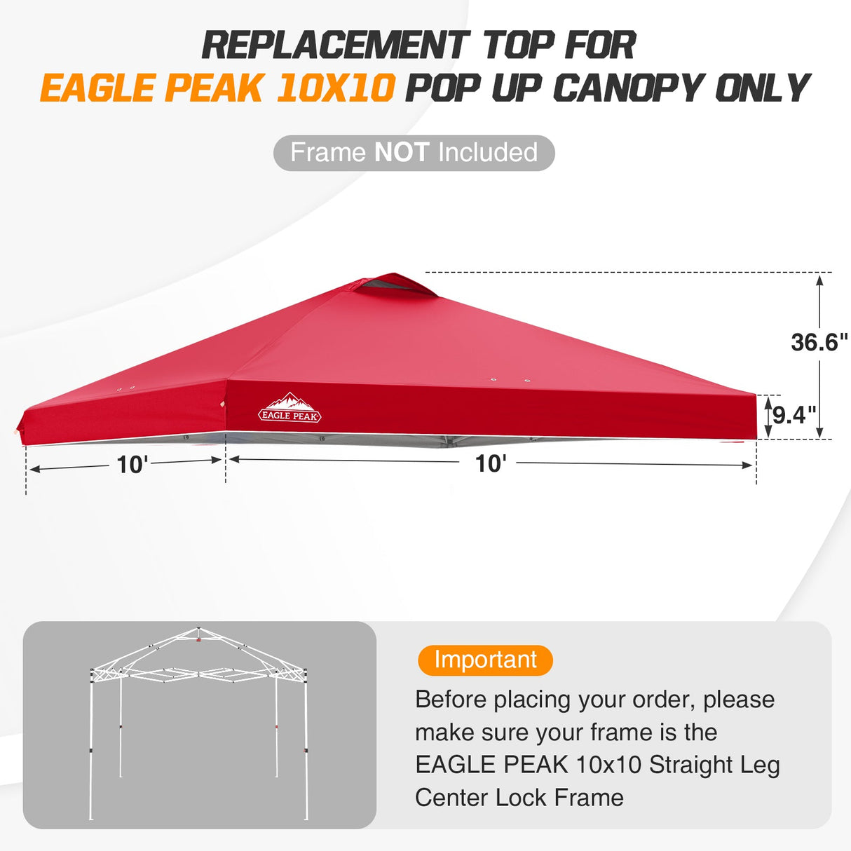 Replacement Canopy Cover with Air Vent for 10x10 Pop Up Canopy Tent, Top Only - Eagle Peak Custom Canopy Tent