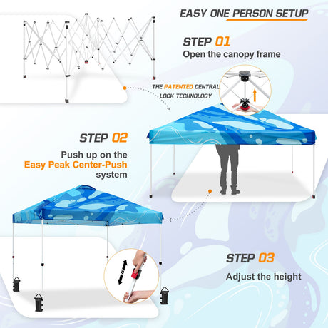 SHADE GRAPHiX Easy Setup 10x10 Pop Up Canopy Tent with Digital Printed Blue Abstract Top - Eagle Peak Custom Canopy Tent