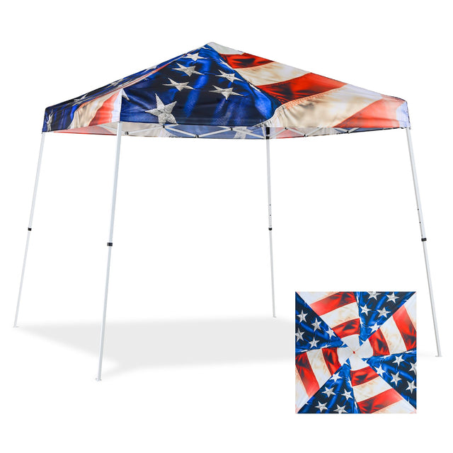 SHADE GRAPHiX Slant Leg Easy Setup Pop Up Canopy Tent with Digital Printed Stars and Stripes Top,10x10 Base 8x8 Top - Eagle Peak Custom Canopy Tent