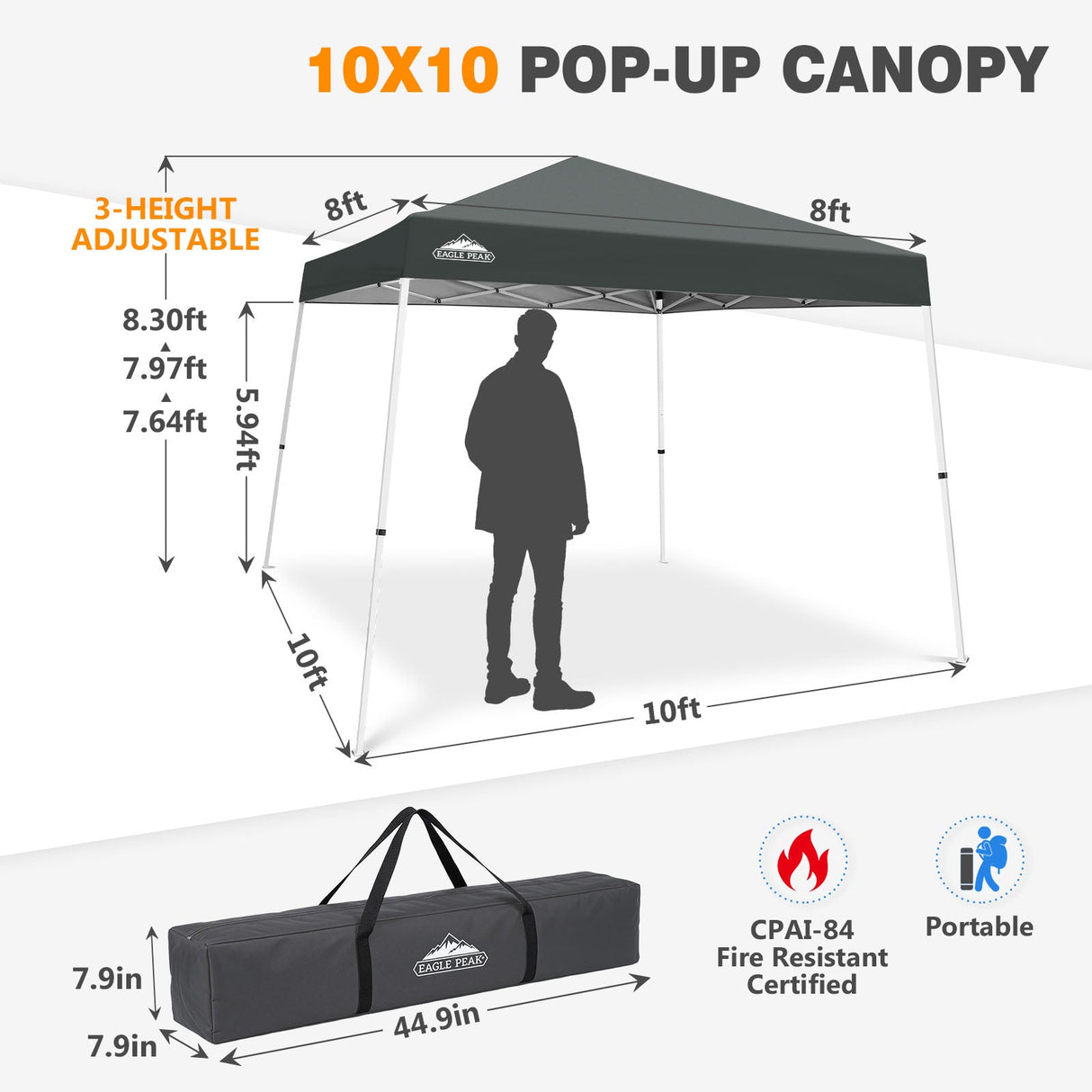 Slant Leg Pop up Canopy Tent, 10x10 Base 8x8 Top - Eagle Peak®