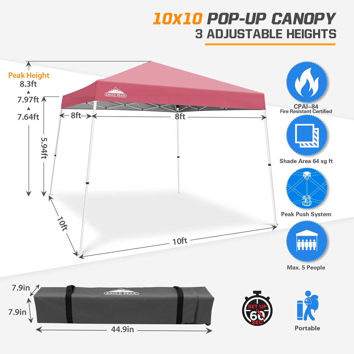 Slant Leg Pop up Canopy Tent, 10x10 Base 8x8 Top - Eagle Peak®