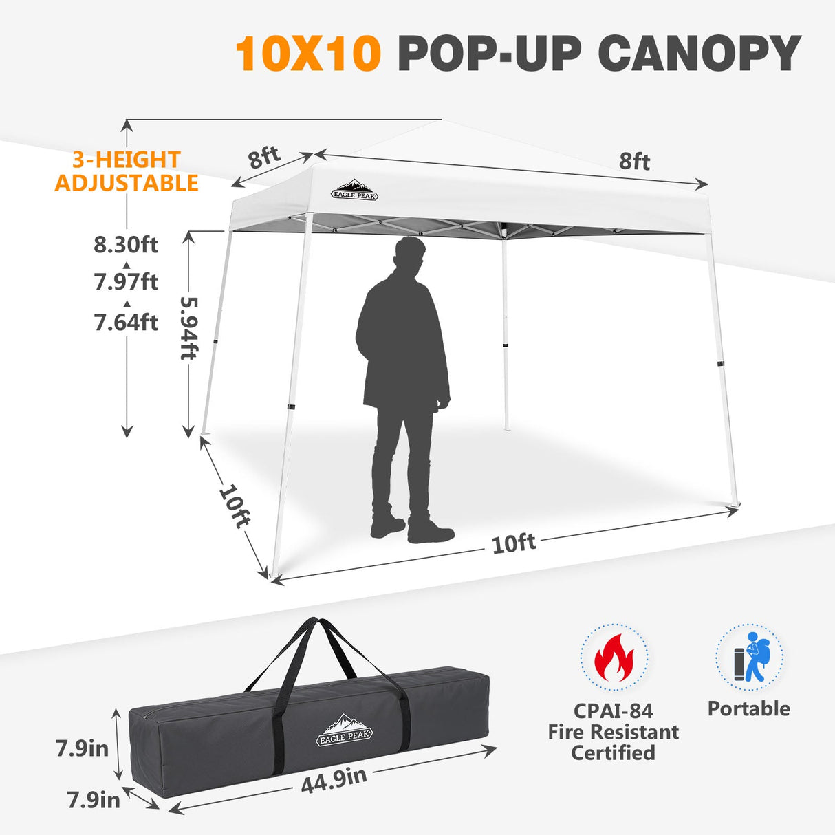 Slant Leg Pop up Canopy Tent, 10x10 Base 8x8 Top - Eagle Peak®