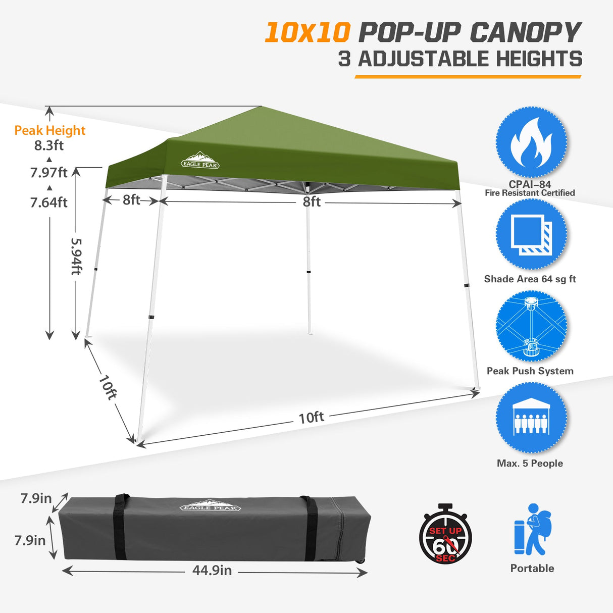 Slant Leg Pop up Canopy Tent, 10x10 Base 8x8 Top - Eagle Peak®