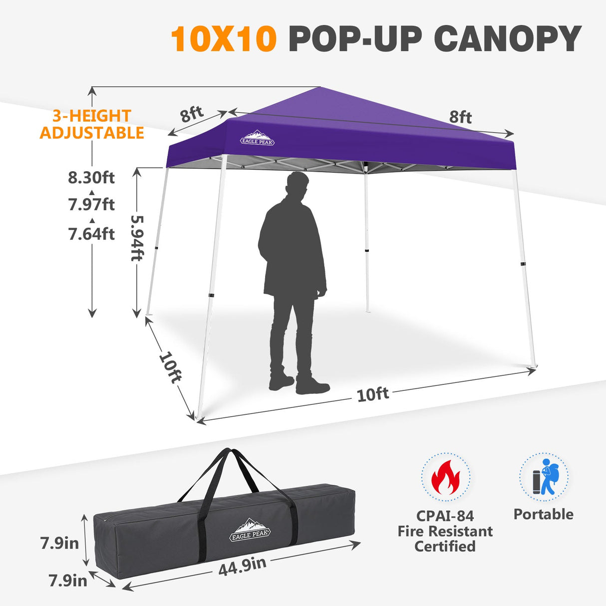 Slant Leg Pop up Canopy Tent, 10x10 Base 8x8 Top - Eagle Peak®
