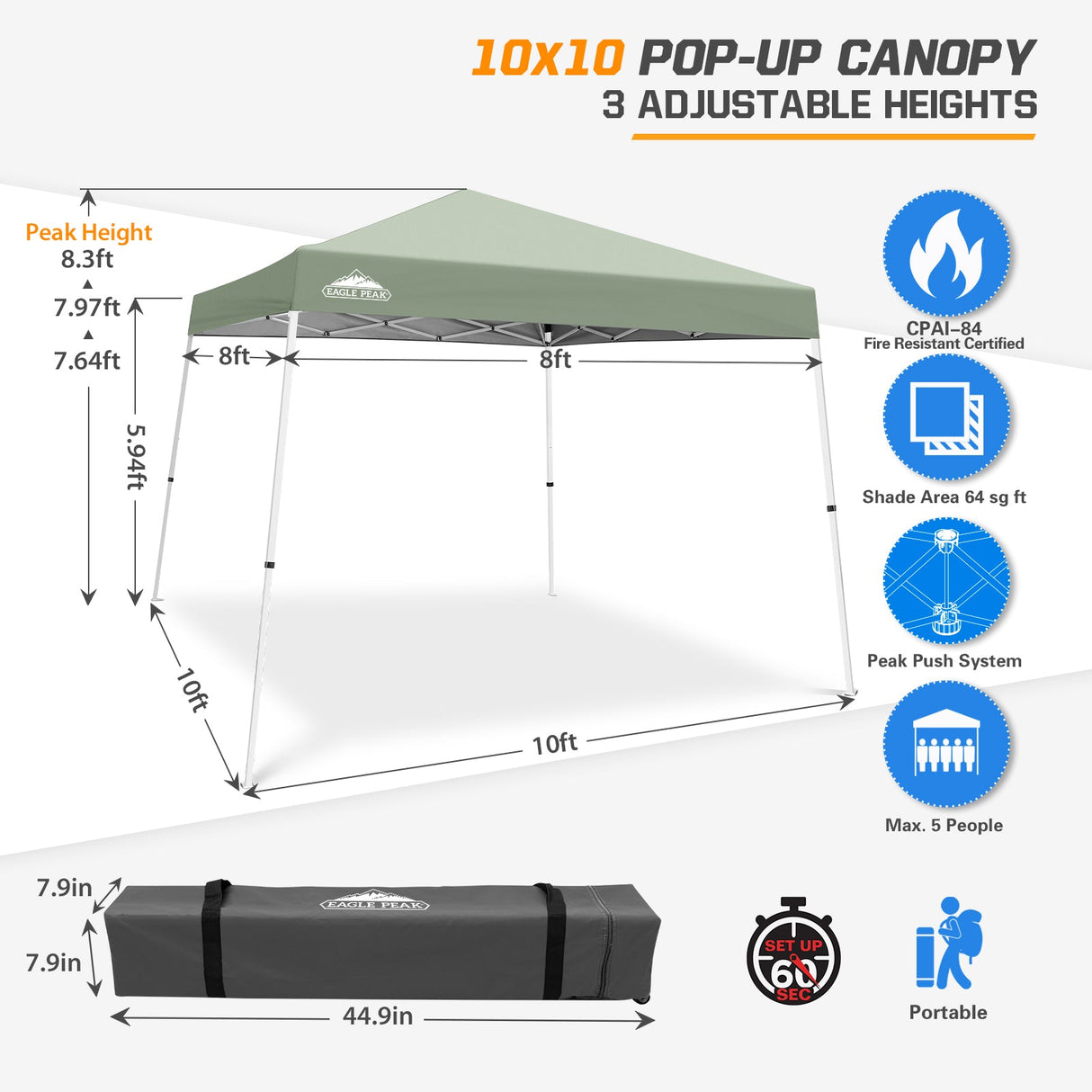 Slant Leg Pop up Canopy Tent, 10x10 Base 8x8 Top - Eagle Peak®