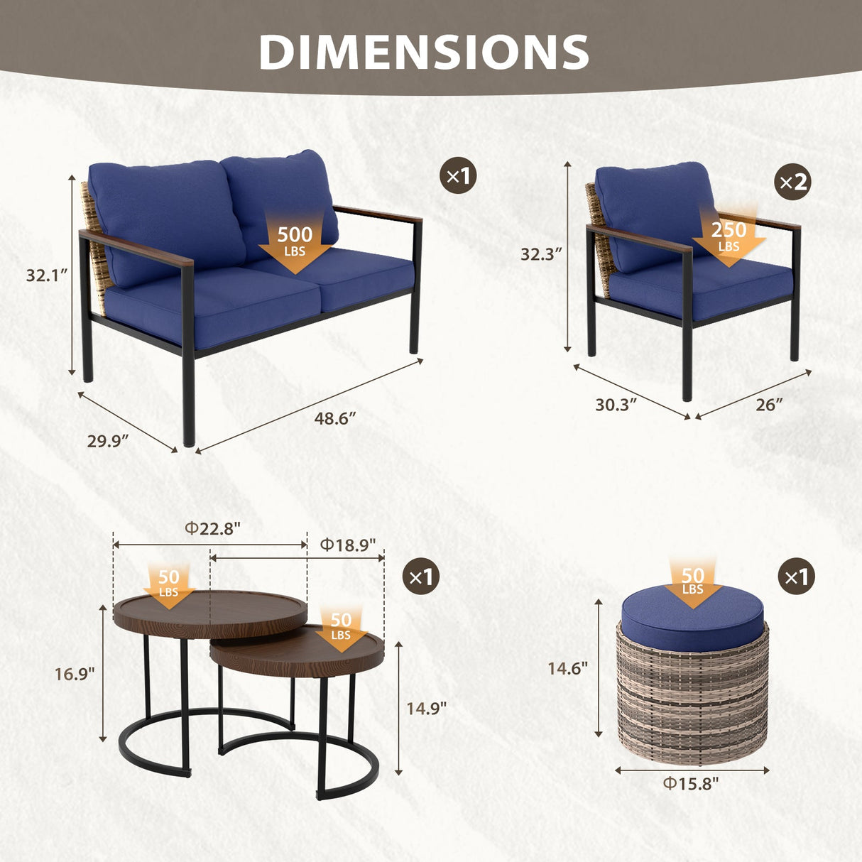 Sunset Dune Outdoor Patio Furniture, 2 Chairs 1 Loveseat 2 Tables Ottoman, 6 - Piece Set - Eagle Peak Custom Canopy Tent