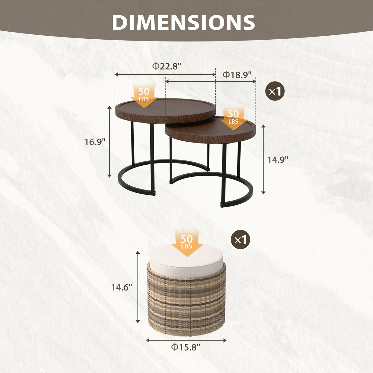 Sunset Dune Outdoor Patio Furniture, Set of 2 Nesting Coffee Tables 1 Ottoman - Eagle Peak Custom Canopy Tent