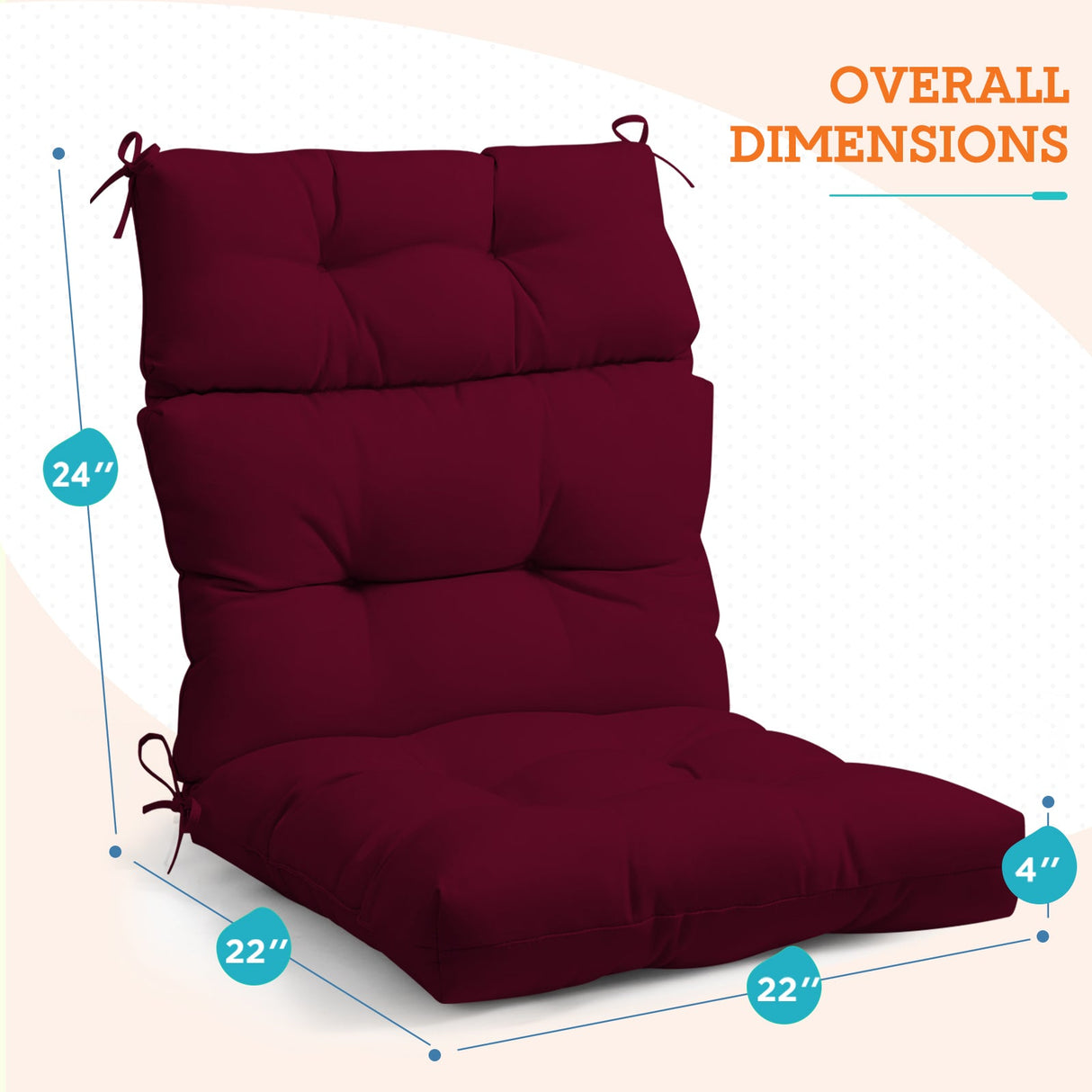 Tufted Outdoor/Indoor High Back Patio Chair Cushions, Set of 4, 46'' x 22'' - Eagle Peak Custom Canopy Tent