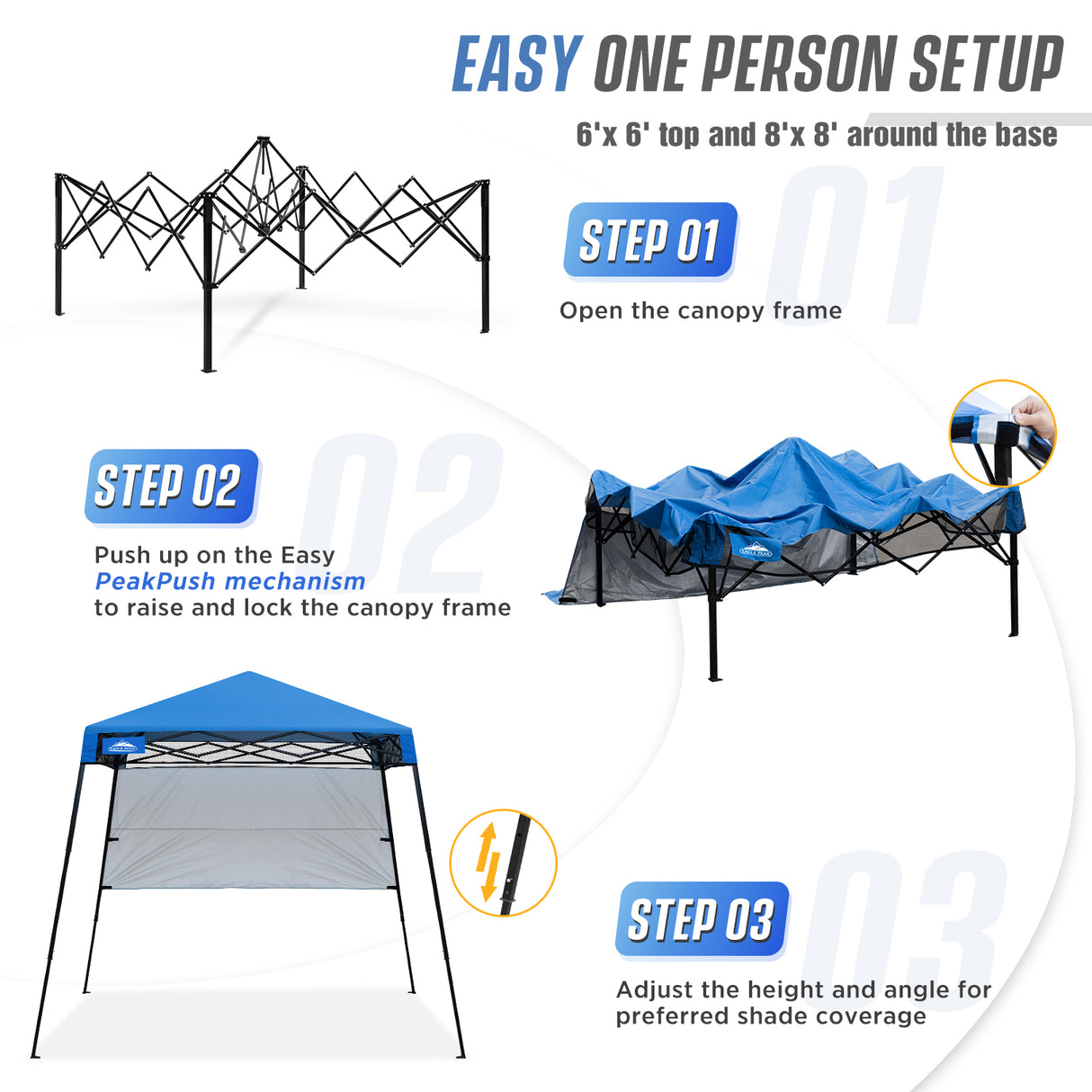 EAGLE PEAK 8x8 Pop Up Canopy Tent with Sidewall, 8x8 Base 6x6 Top