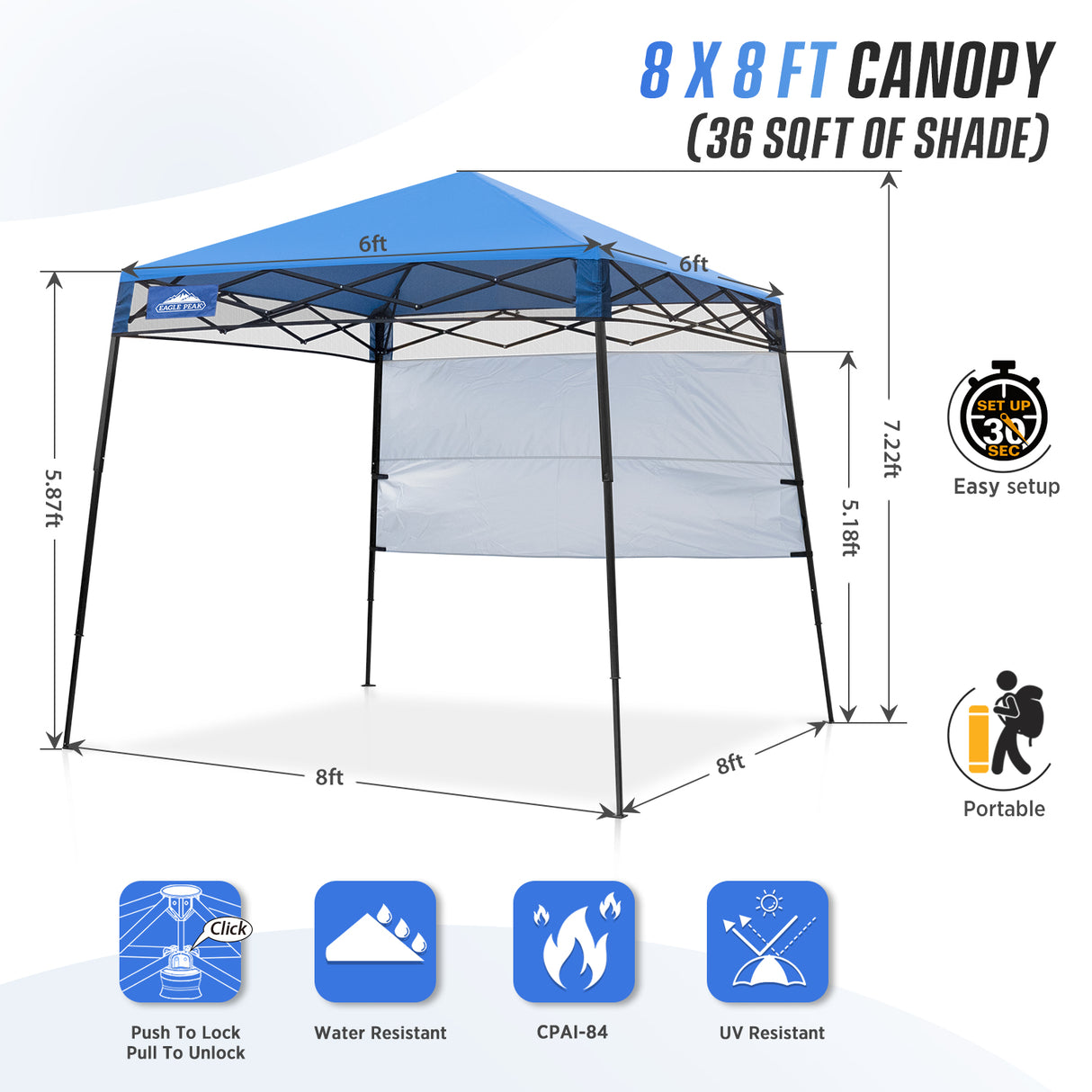 EAGLE PEAK 8x8 Pop Up Canopy Tent with Sidewall, 8x8 Base 6x6 Top